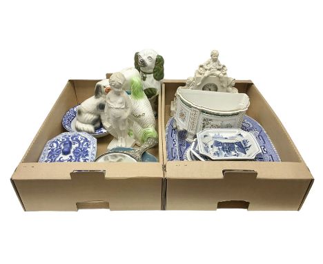 Three Staffordshire style dogs, together with six Poole Pottery side plates, an EPNS hand mirror, mantle clock, large blue an