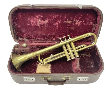 Brass trumpet, engraved B&amp;M Champion to body, L49cm, in fitted velvet lined carrying case, with mouth-piece