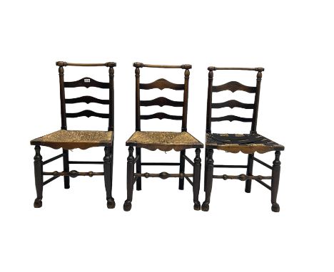 Set three elm country dining chairs, waived ladder back with rush seatsDimensions: Height:&nbsp;93cm&nbsp; Length/Width:&nbsp