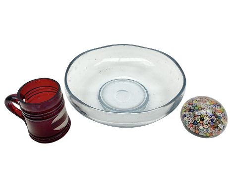 Millefiori glass paper weight, together with ruby glass tankard and a hand blown circular glass bowl, tallest H9cm