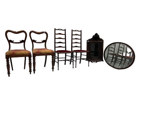 19th century mahogany framed wall mirror, oval bevelled plate (89cm x 67cm); pair Edwardian high ladder back hall chairs; pai