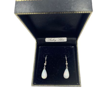 Pair of silver opal pendant earrings, stamped 925 and boxed