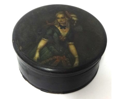 A Georgian papier mache table snuff box , lid hand painted with a portrait of a young Lady