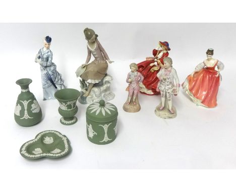 A Lladro figure, two Royal Doulton figures 'Top of The Hill and Fair Lady', green Wedgwood and three other figures (10)