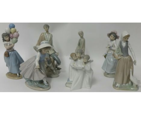 A Lladro figure of a girl with balloons, Lladro seated man t/w five other Nao figures  (7)