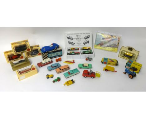 A mixed lot including Scalextric model racing car, Lista Jaguar (boxed), Corgi Toys model 55 Fordson Tractor, Corgi Toys mode