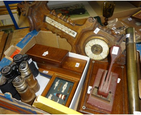 Various items, oak barometer, telescope inscribed T.Cooke & Sons, London, a sewing box, two binoculars, drawing instruments a