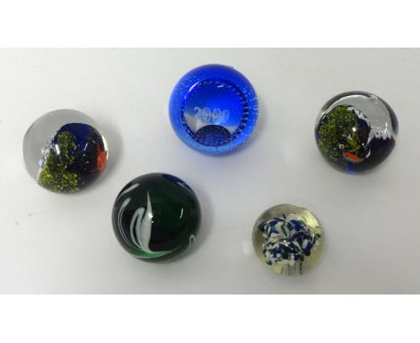 Various paperweights, stoneware flagons, reproduction blue and white pumpkin ginger jar, small old bottles, Doulton Lambeth p