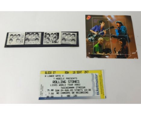 ROLLING STONES COLLECTION a block of 4 Austrian stamps 2003, a group of four black and white stamps, and a ticket Licks World