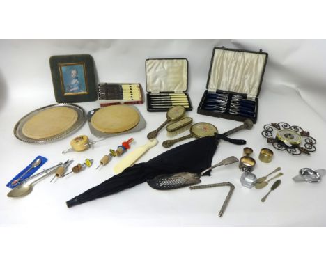 Collection of various metal ware, parasol, cutlery sets, wall barometer, napkin rings etc