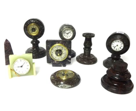 Two marble cased clocks, one barometer and other items including marble inkwell, candlestick, etc