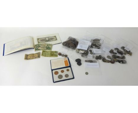 A collection of English and Foreign sorted coins, also various world banknotes etc,  First Decimal Set etc