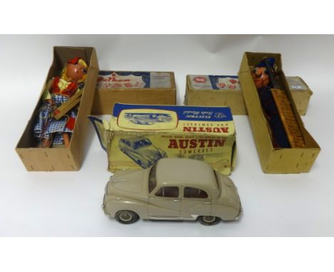 Two Pelham puppets boxed, also an electric scale model of Austin A40 Somerset by Victory Industries, boxed