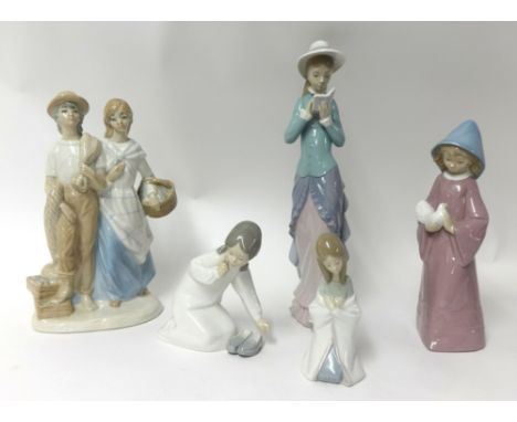 Three Lladro figures including girl reading, 36cm and two other similar figures (5)