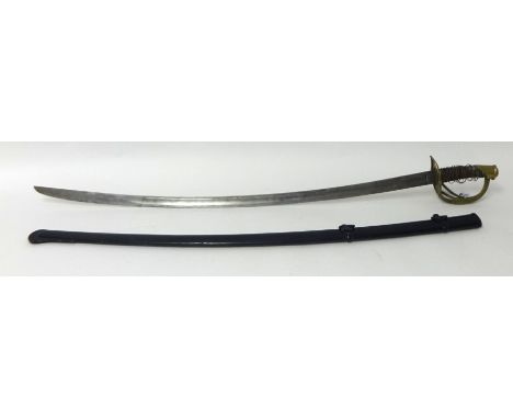 An English 19th century sword and scabbard, hilt damaged, 102cm long