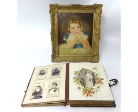 Portrait painting 'Young Girl', oil on canvas in gilt frame early 1900 t/w a musical Victorian photograph album as found
