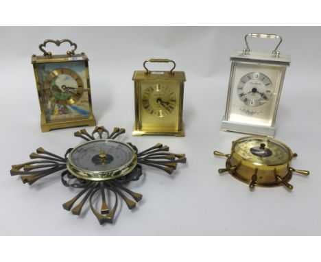 Two brass cased Art Deco cased wall barometers and reproduction battery operated carriage clock, tallest 19cm