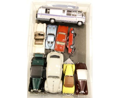 Nine unboxed vehicles to include diecast, Matchbox, Franklin Mint, Solido etc including Airstream motorhome and VW Beetle. P&