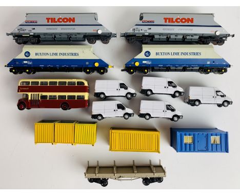4x Bachmann 4mm Hopper Wagons 2x with P4 Wheel Sets, 2x with OO Gauge Wheels Sets (PARTS MISSING) - 5x Containers, 5x Transit