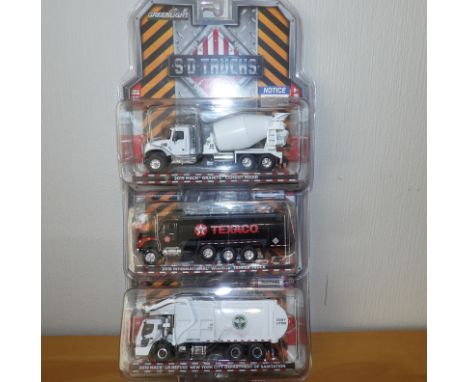 Greenlight 1.64 x 3 Texaco Tanker, Mack Cement Mixer, New York Refuse Truck.  P&amp;P Group 2 (£18+VAT for the first lot and 