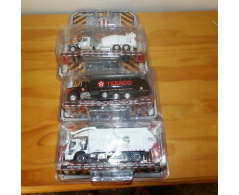 Greenlight 1.64 x 3 Texaco Tanker, Mack Cement Mixer, New York Refuse Truck.  P&amp;P Group 2 (£18+VAT for the first lot and 