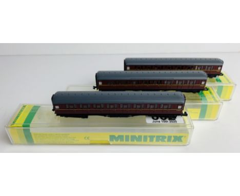3x Minitrix N Gauge BR Maroon Passenger Coaches - All Boxed. P&amp;P Group 1 (£14+VAT for the first lot and £1+VAT for subseq