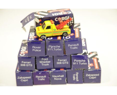 Thirteen Corgi diecast vehicles c1985 Great Britain: Renault Traffic, Ferrari 308, Police Rover, Porsche 911 Turbo ect. P&P G