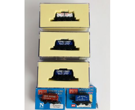 3x Dapol N Gauge 6 Wheel Dairy Milk Tanker Wagons &amp; 2x Peco/New Medway Steam Packet Co - Limited Production Wagons - All 