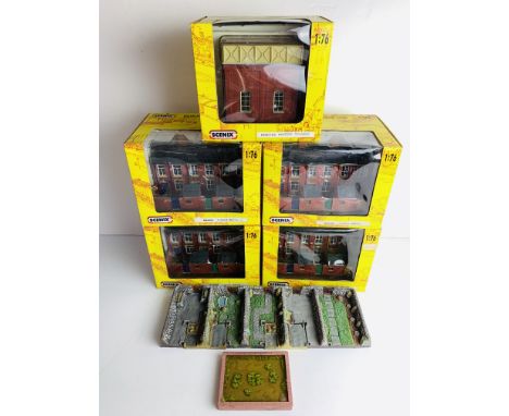 5x Scenix 1/76 'OO' Gauge Buildings - Including Terrace Houses &amp; Water Tower All Boxed - Loose Garden Wall / Pond Include