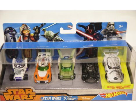Hot Wheels Star Wars five vehicle set: R2D2, Luke Skywalker, Yoda, Darth Vader and exclusive set model Stormtrooper as new an
