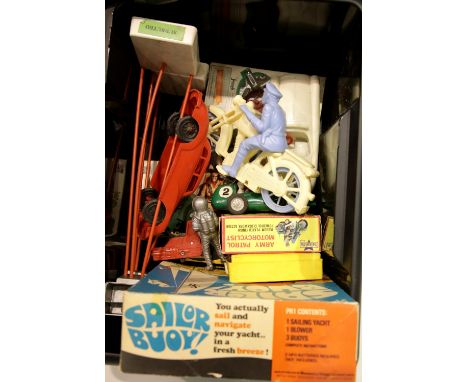 Quantity of plastic toys including Triang Sailor Buoy, floodlights (x2) model cars, motorcycles etc. P&P Group 2 (£18+VAT for