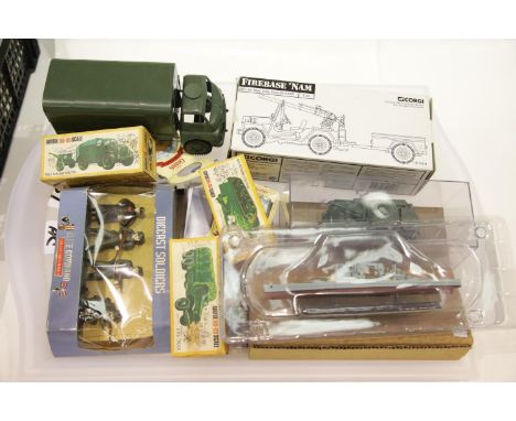 Military related: Corgi US50104 Mutt Utility and trailer, Elite Command soldiers, Humber armoured car and Bedford truck and a