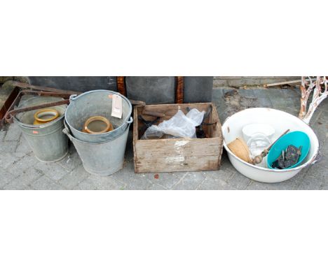 A collection of mixed effects to include galvanised buckets, a fruitbox, wall mirror, weighing scales etc