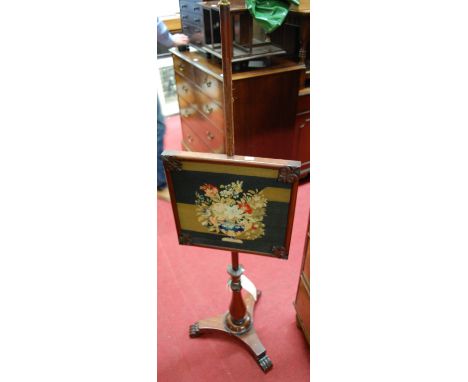 An early Victorian mahogany floral tapestry embroidered pole screen 