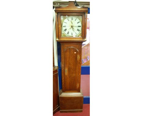 An early 19th century provincial oak longcase clock, the painted square dial signed Trendell of Maidenhead, having 30 hour mo