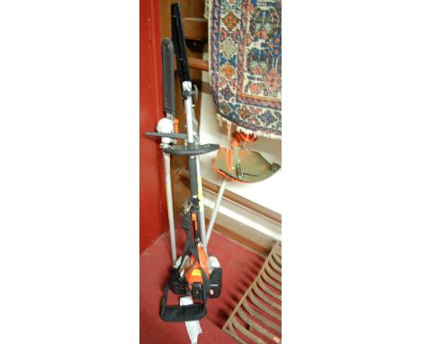 A petrol driven garden strimmer; together with chainsaw and hedge-cutter attachments