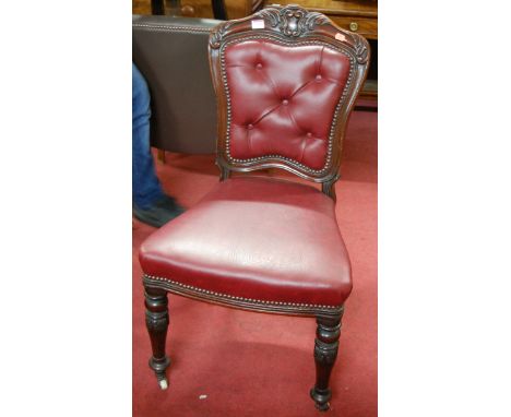 A Victorian mahogany balloon back single dining chair, having red rexine button back upholstery, together with an early 20th 