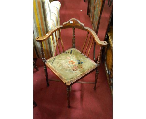 An Edwardian walnut tapestry seat corner chair