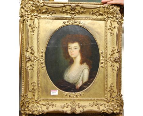 19th century English school - bust portrait of a maiden oil on panel (split), framed as an oval, 31.5x25cm