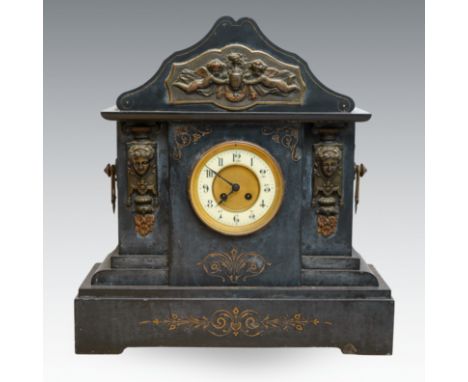 Large slate and bronze mounted mantle clock