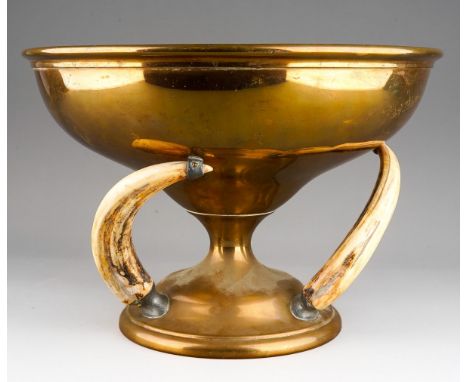 Copper bowl with 3 boars tusk supports, marked Genuine Gold Bronze and Delphi Silver Co. , approx.. 22 cm high and 32 cm in d