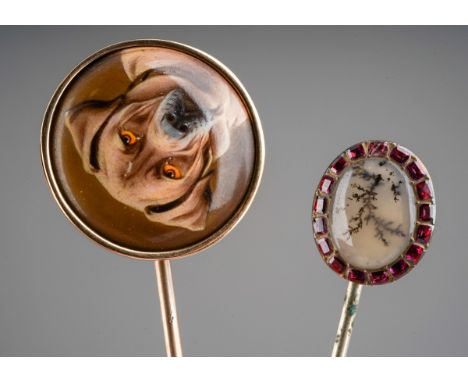 Two antique stickpins. To include an early 20th century miniature portrait of a dog, together with a Georgian moss agate and 