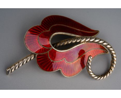 Sterling silver Albert Scharning Red enamel abstract flower brooch, marked to back