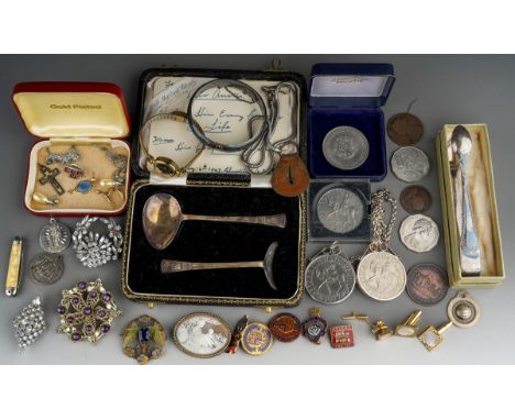 Collection of coins, costume jewellery and silver items to include silver sugar tongs (29g), silver Christening set of spoon 