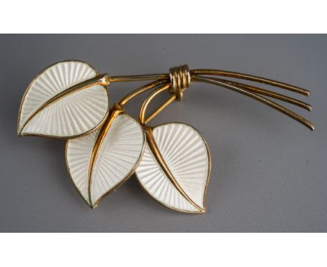 1950s Norwegian Albert Sharnin 3 leaf white enamel and silver brooch, marked A. Sch, Norway, Sterling 925