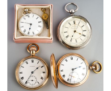 Collection of 4 pocket watches to include Waltham  gold plated one,  another full hunter thats gold plated together with soli