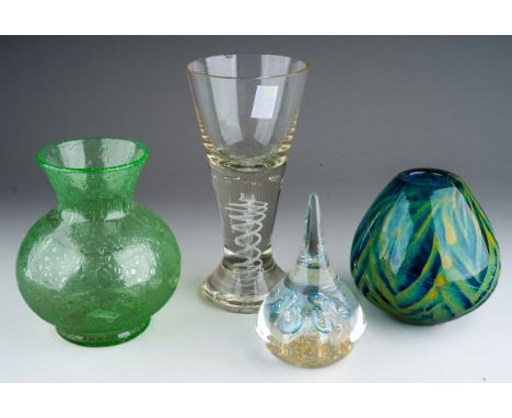 20th Century glass to include: Georgian style large goblet with opaque twist stem (chip to rim), a 20th Century paperweight, 