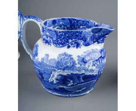 An English, circa 1790, blue and white transfer printed tea bowl decorated with attendants with large vases of flowers betwee