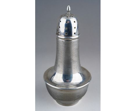 An Art Deco silver engine turned caster, with domed pierced top, lined, hallmarked by J Gloster, Birmingham, 1938, Pat No: 32