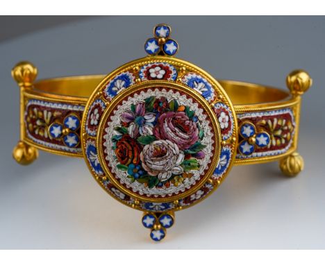 An antique micro mosaic bangle high carat gold gilt on gold base ( tests as 14-18 ct)The foliate designed front with rope twi